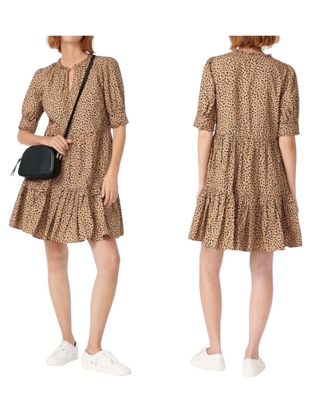 J.Crew Ruffleneck Tiered Popover Dress in Peopard Print Dot, Size Small, Mini